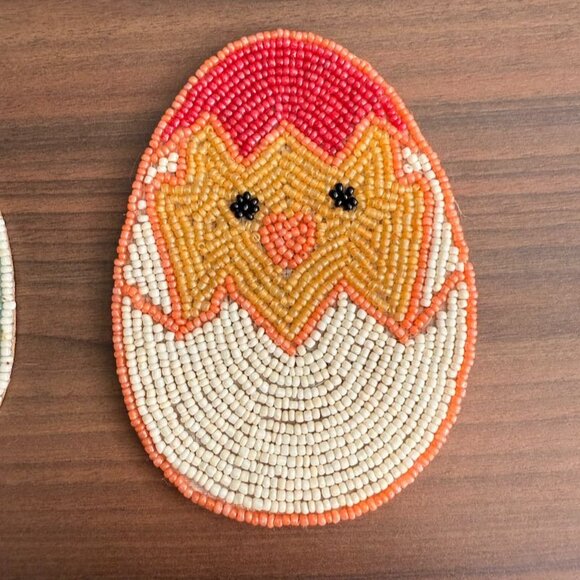 Beaded Easter Egg Coasters Set Of 2 Handmade 5" Pier 1 Imports Striped & Chick D - Picture 2 of 6